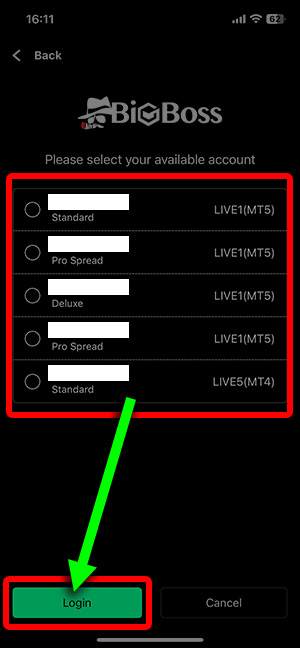 見たい口座を選択して『Login』をタップ！