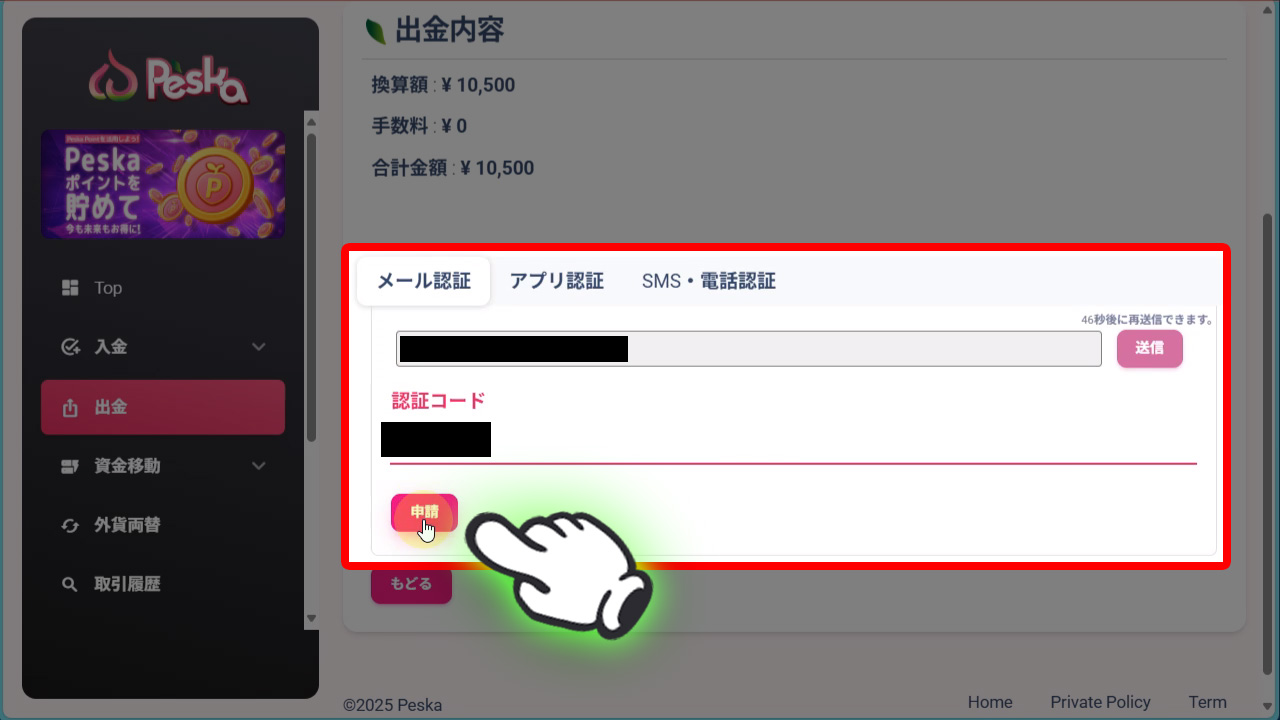 認証コードを貼り付けたら申請をクリック