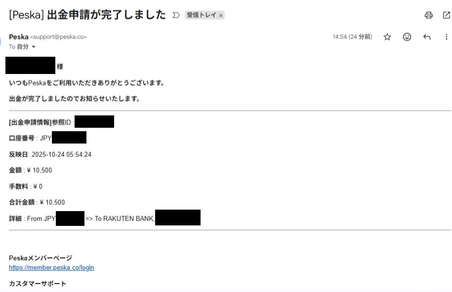 出金申請のメール本文